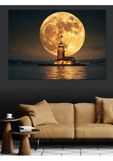 Dolunayda Kız Kulesi Manzarası Dekoratif Kanvas - Mdf Ahşap Tablo