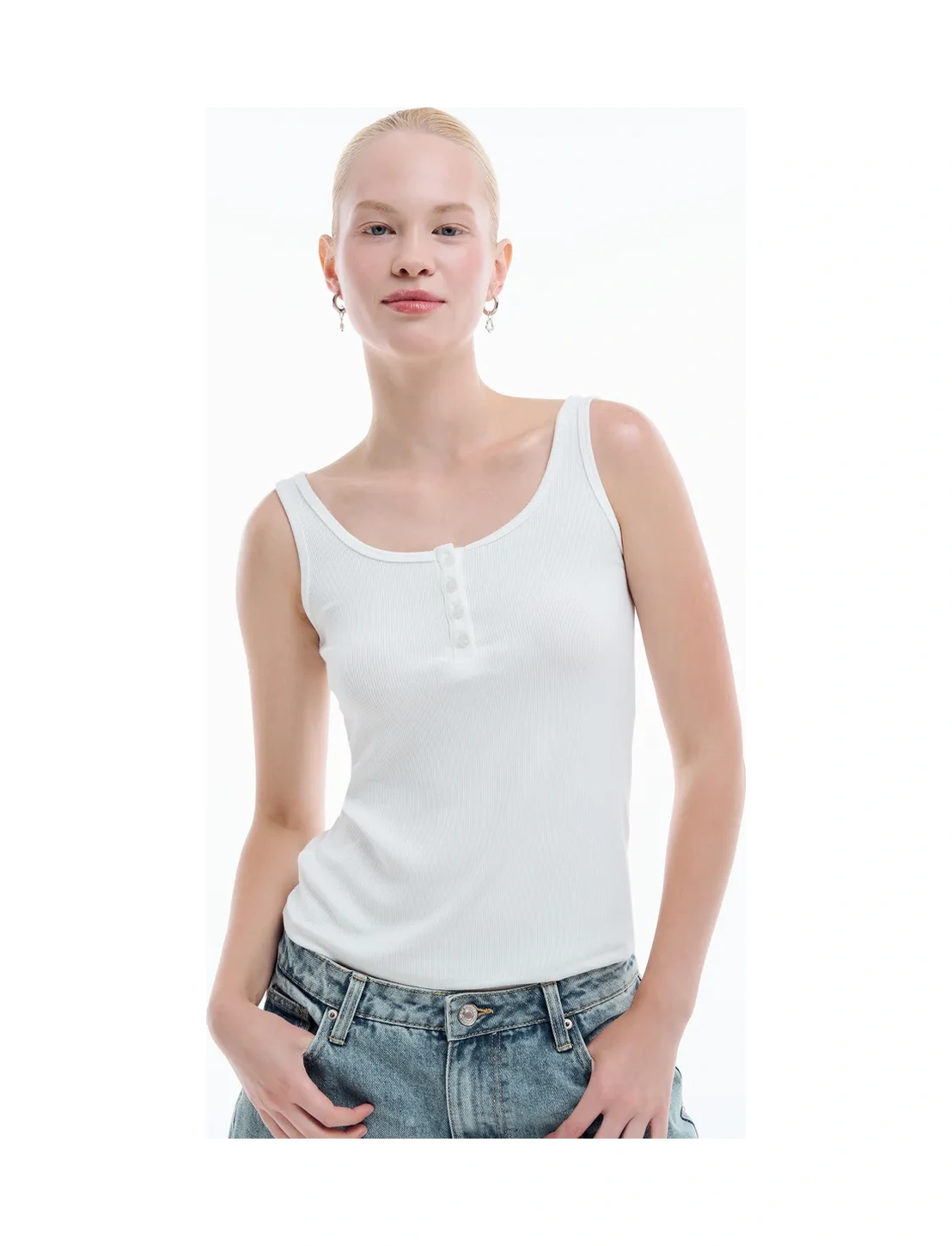 Tvoe Dekoratif Düğmeli Ribana Atlet 450834394 Beyaz