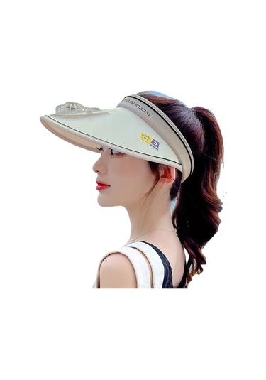 Usb Şarj Özellikli Taşınabilir Mini Fanlı Geniş Kenarlı Ayarlanabilir Güneş Koruma Şapkası Ve Güneş Kremi Kapağı Bej