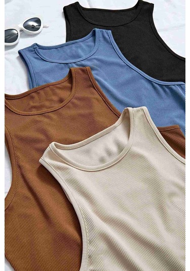 Merry See Tek Renk 1 Adet Kadın Kolsuz Örme Kumaş Bluz Crop Krem 001