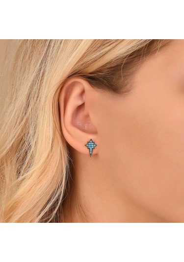 Turkuaz Taşlı Gümüş Rengi Kaplama Gümüş Kutup Yıldızı Küpe