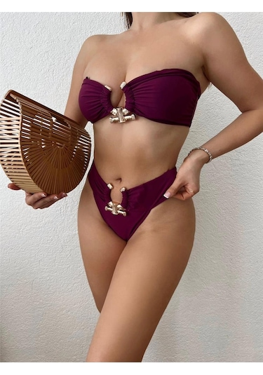 Pink Life Mürdüm Tokalı İtalyan Kumaş Bikini Takımı-mürdüm