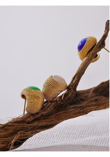 Yeşil Eetit Vintage Yeşil Mavi Beyaz Kedi Gözü Taş Paslanmaz Çelik C Şekli Geometrik Moda Küpe Altın Renk Moda Takı Hediye Çok Renkli