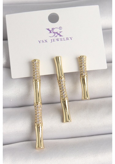 Pirinç Gold Renk Zirkon Taşlı Bambu Model 3'lü Kadın Kombin Küpe Çok Renkli