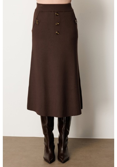 On Kadın Düğmeli Triko Etek 65207 Kahverengi Kahverengi