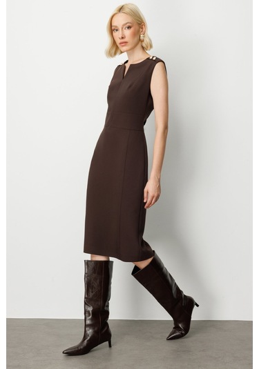 Ekol Kadın Süs Düğme Detaylı Kolsuz Elbise 4015 Kahverengi Kahverengi