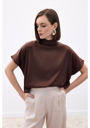 Sateen Yarasa Kol Salaş Bluz - Kahve-136538 kahve