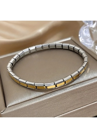 Çelik Bileklik İnce İtalyan Charm Model Unisex Erkek Kadın 3 Mm 18 Cm Ortası Altın Sarısı Kenarı Gümüş Altın - Gümüş