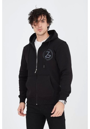 Erkek Kapüşonlu Baskılı Fermuarlı Hırka - Siyah Siyah