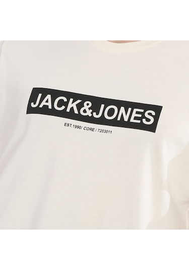 Jack & Jones Pin 12249605 Logo Baskılı Erkek Tişört Beyaz