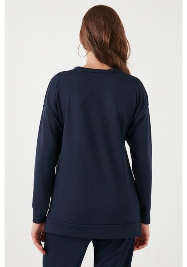 Lela Streç Oversize Fit Bisiklet Yaka Modal Kumaş Bayan Sweat 5865877 Lacivert