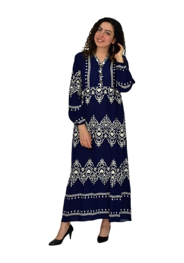 Kadın Kol Lastikli V Yaka Elbise Bgl-st04642 Lacivert