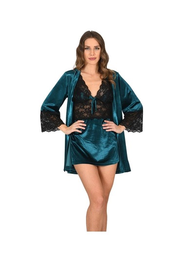 Sistina Bayan Petrol Yeşili Kadife Sabahlık Gecelik Takım 1443 Petrol Yeşili