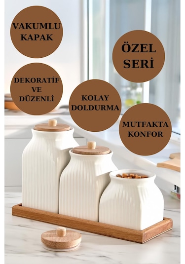 4'lü Standlı Vakumlu Ahşap Kapaklı Beyaz Kavanoz Seti Takımı Baharat Çay Tuz Şeker Kahve Kavanozu Beyaz - Kahverengi