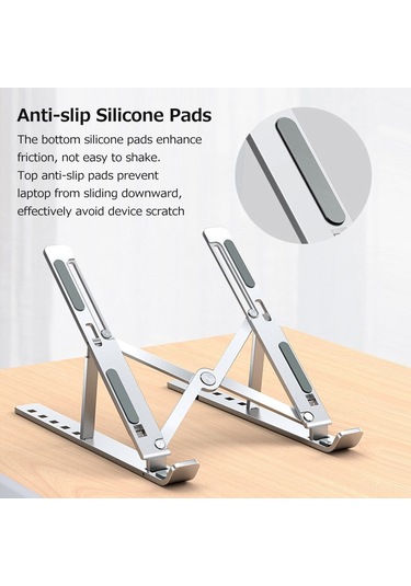 Lemestar Alüminyum Notebook Tutucu: 6 Seviye Yükseklik Ayarlı, Soğutucu Fonksiyonlu, Taşınabilir Katlanabilir Bilgisayar Yükseltici Gümüş