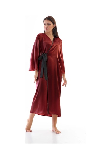 Laperissa Kadın Bordo Saten Dokuma Sabahlık Siyah Kuşaklı Şık Ve Zarif Ev Giyim Bordo