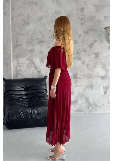 Kadın Astarlı Piliseli Şifon Elbise Dpk2099 Bordo