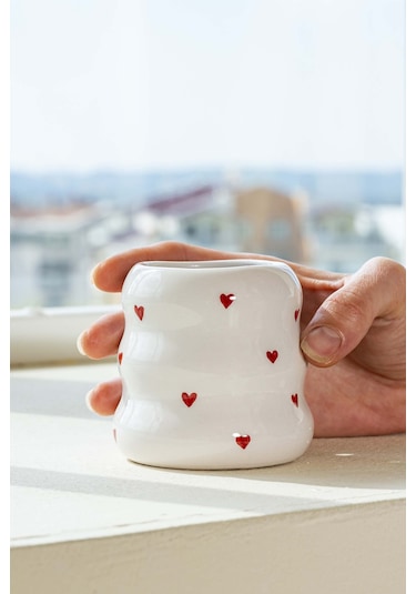 Rivaistanbul Mini Kalpler Amore El Yapımı Seramik Double Kahve Bardağı Mug Kupa Krem