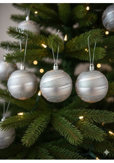 3 Adet Yılbaşı Ağacı Top Süsü 8 Cm - Simli Şeritli Gümüş Parlak Kaliteli Yılbaşı Dekorasyonu Seti Pvc Kutulu Set