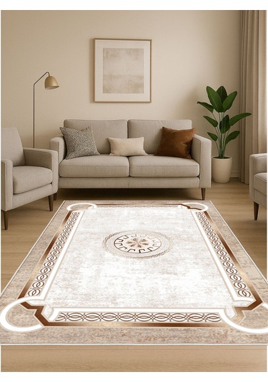Krem Dijital Baskı Salon Halısı Kaymaz Tabanlı Yıkanabilir Halı Yolluk 535 Krem