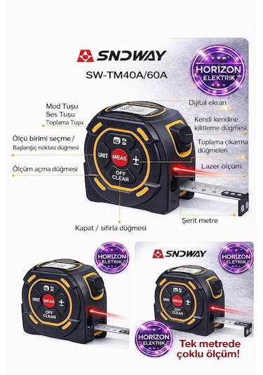 Sndway Sw-tm60a Lazer Mesafe Ölçerli Şerit Metre 5 Metre