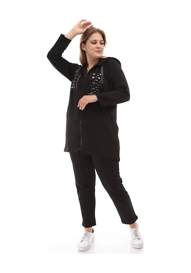 Büyük Beden Siyah Kapşonlu Pul Payetli Eşofman Takımı Siyah