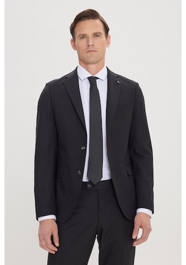 Erkek Sıyah Slim Fit Dar Kesim Mono Yaka Takım Elbise Siyah