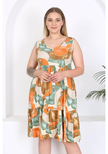 Kadın Turuncu Yeşil Geometrik Desen Büyük Beden Katlı Elbise Turuncu
