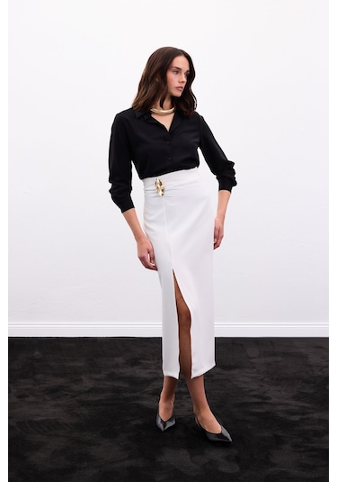 Sateen Gold Yan Aksesuarlı Etek - Ekru-136886 Ekru