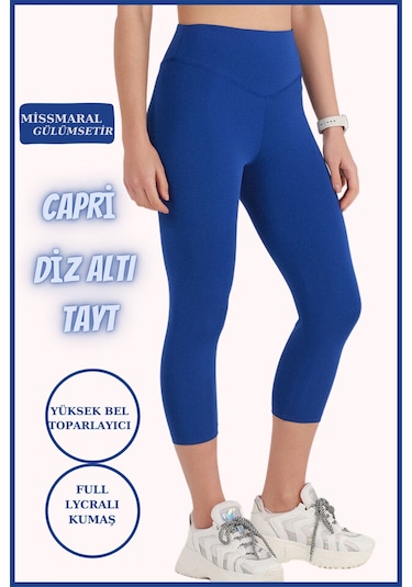 Kadın Yüksek Bel Toparlayıcı Kapri Tayt Saks Mavi Dar Paça Karyoka Dikiş Detaylı Capri 1020 Sax Mavi