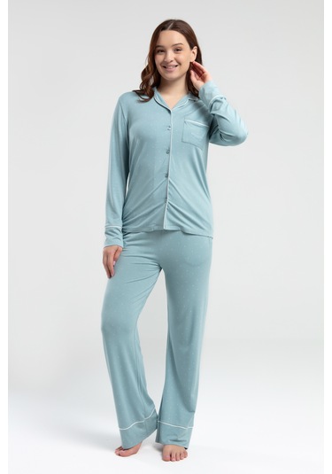 Pierre Cardin 8986 Uzun Kol Önden Düğmeli Kadın Pijama Takımı V1 Su Yeşili