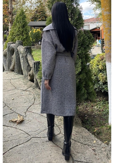 Antrasit Cepli, Balon Kol, Kemerli, Kalın Örgü Triko, Uzun Kaban Antrasit