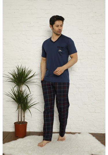 Erkek V Yaka Ekose Desen %100 Pamuk Kısa Kol Cepli Pijama Takımı İndigo