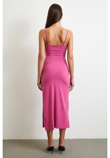 Yanı Büzgülü Askılı Elbise Yırtmaçlı Pembe Pembe