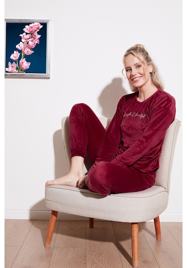 Lela Regular Fit Yumuşak Dokulu Kadife Bayan Pijama Takımı 6094200W4 Bordo