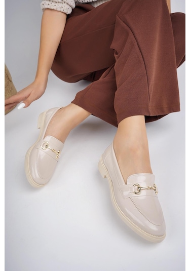 Muggo Sussie Garantili Metal Tokalı Kadın Loafer Günlük Ayakkabı Taş Rengi Taş