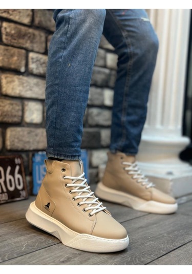 Ba0155 Bağcıklı Erkek Yüksek Taban Krem Beyaz Taban Spor Bot Renklı