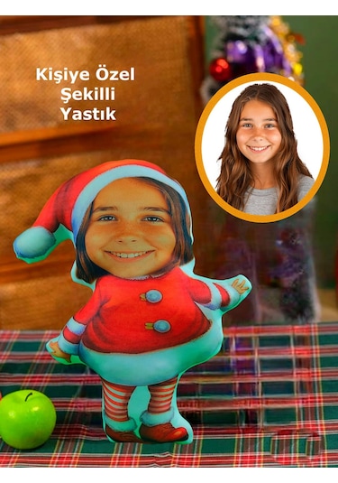 Kişiye Özel Noel Anne Yılbaşı Tasarımlı Şekilli Yastık Çok Renkli