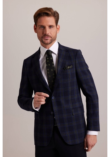 Erkek Lacivert Yeşil Kışlık Yünlü Regular Fit Ekose Desenli Ceket 001