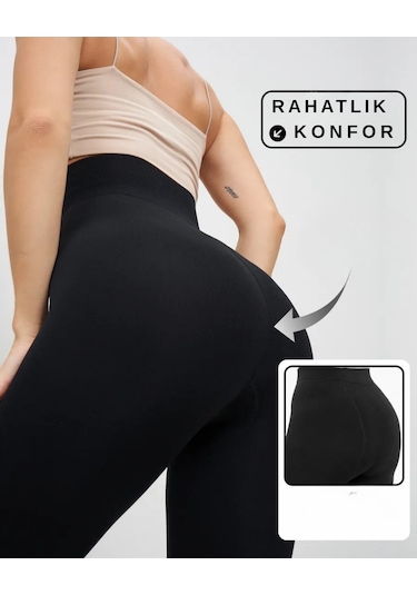 Kadın Yüksek Bel Şardonlu İç Astar Termal Tayt Esnek Fit Kışlık İçlik Spor Tayt siyah