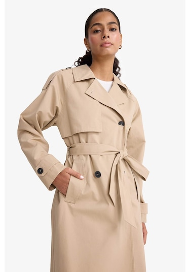 Defacto Regular Fit Pamuklu Kemerli Uzun Trençkot E8595ax25aubg501 Bej