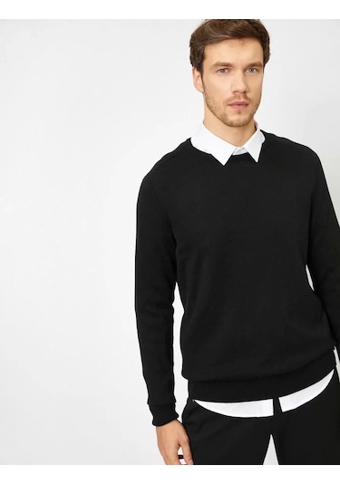 Blacktree Unisex Uzun Kol Biskilet Yaka Dokuma Triko - Siyah Siyah