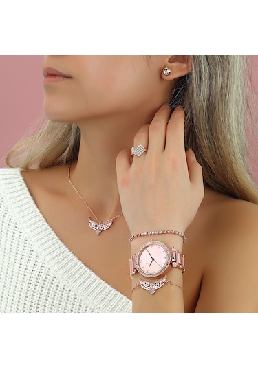 Rose Melek Kanadı Kolye Bileklik Küpe Yüzük Saat Set  Ps11 Bronz