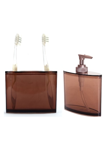 Oval Sivi Sabunluk Diş Fırçalik 2 Li Banyo Seti Kahverengi Akrili Kahve