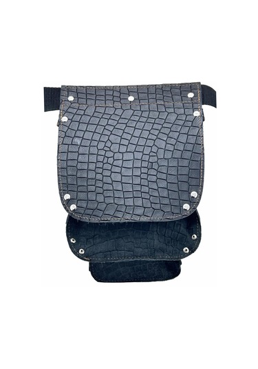 Hakiki Deri Kroko Cepli Tekniker Çivi Önlüğü Bel Çantası Siyah