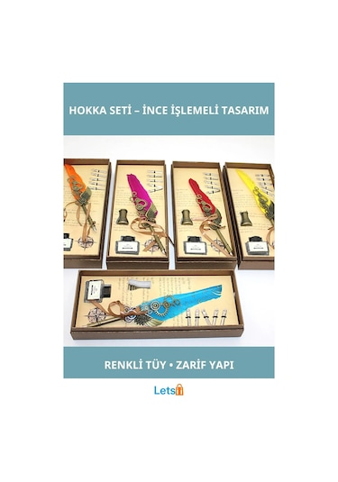 Renkli Tüyli Zarif Divit Hokka Yazı Seti Çok Renkli