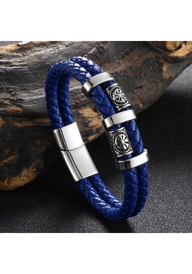 Yeni Paslanmaz Çelik Deri Halat Bileklik İskandinav Viking Serisi Çift Katmanlı Dokuma Deri Erkek Bilekliği Mavi