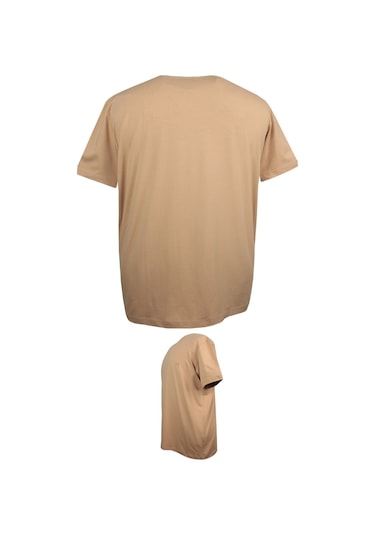 Battal Boy % 100 Pamuk 115 Kilo-150 Kilo Arası İçin Uygun Bedenli Bisiklet Yaka Düz Tişört Bej Bej