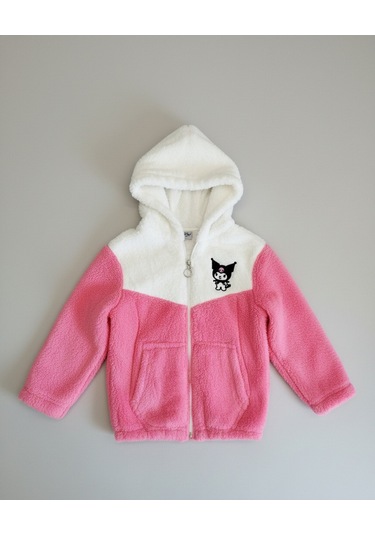 Kuromi Nakışlı Çift Renk Pelüş Kapüşonlu Kız Çocuk Hırka Koyu Pembe