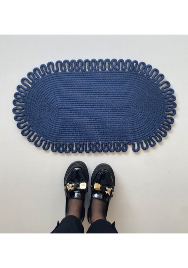 Jüt Kenarları Desenli Oval Paspas 45 X 75 Lacivert